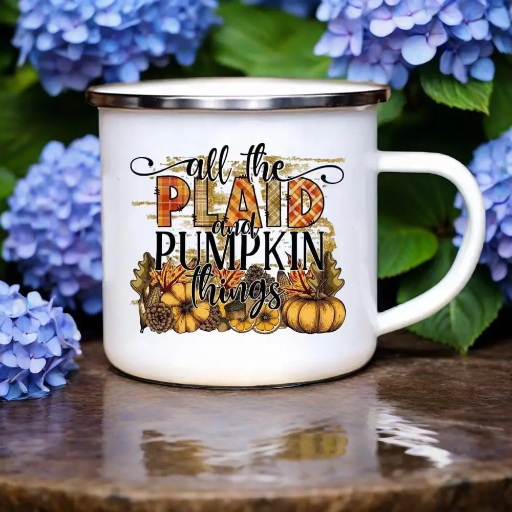 Taza blanca con estampado de Hello Fall, tazas esmaltadas de café, jugo, leche, tazas de desayuno con asa, decoración de cocina para fiesta, regalos para amigos y familiares