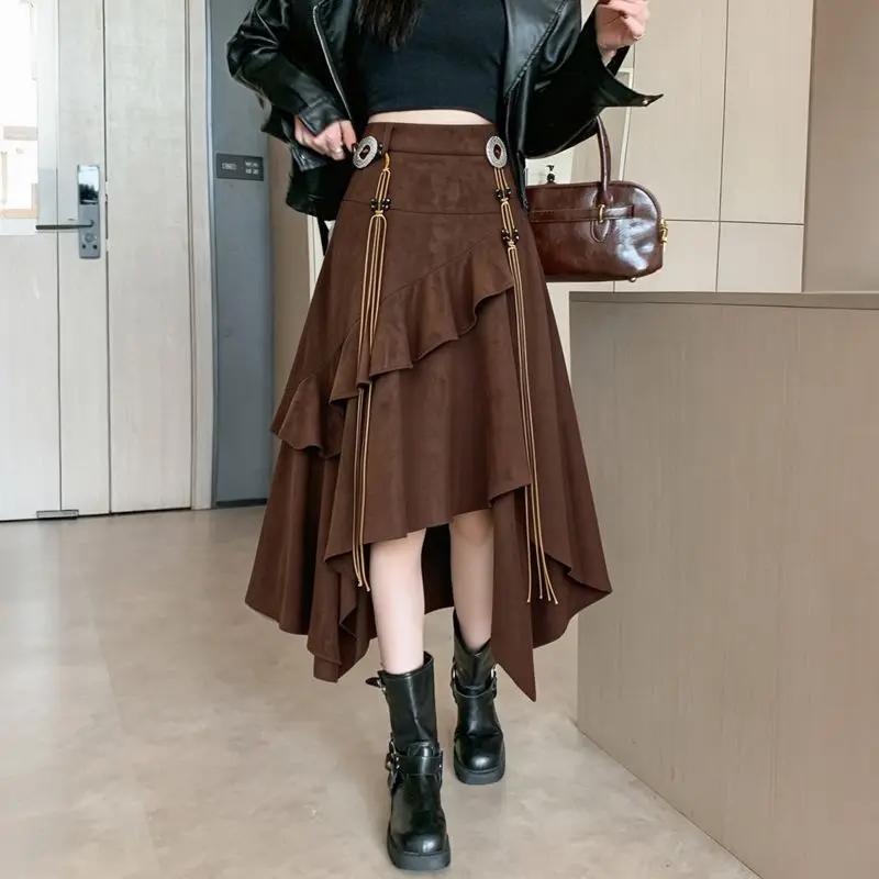 Asymmetrical Hem No Stretch Skirt Length Elegant Style with Individual Streetwear Irregular Silhouette Winter Women Skirts D1077