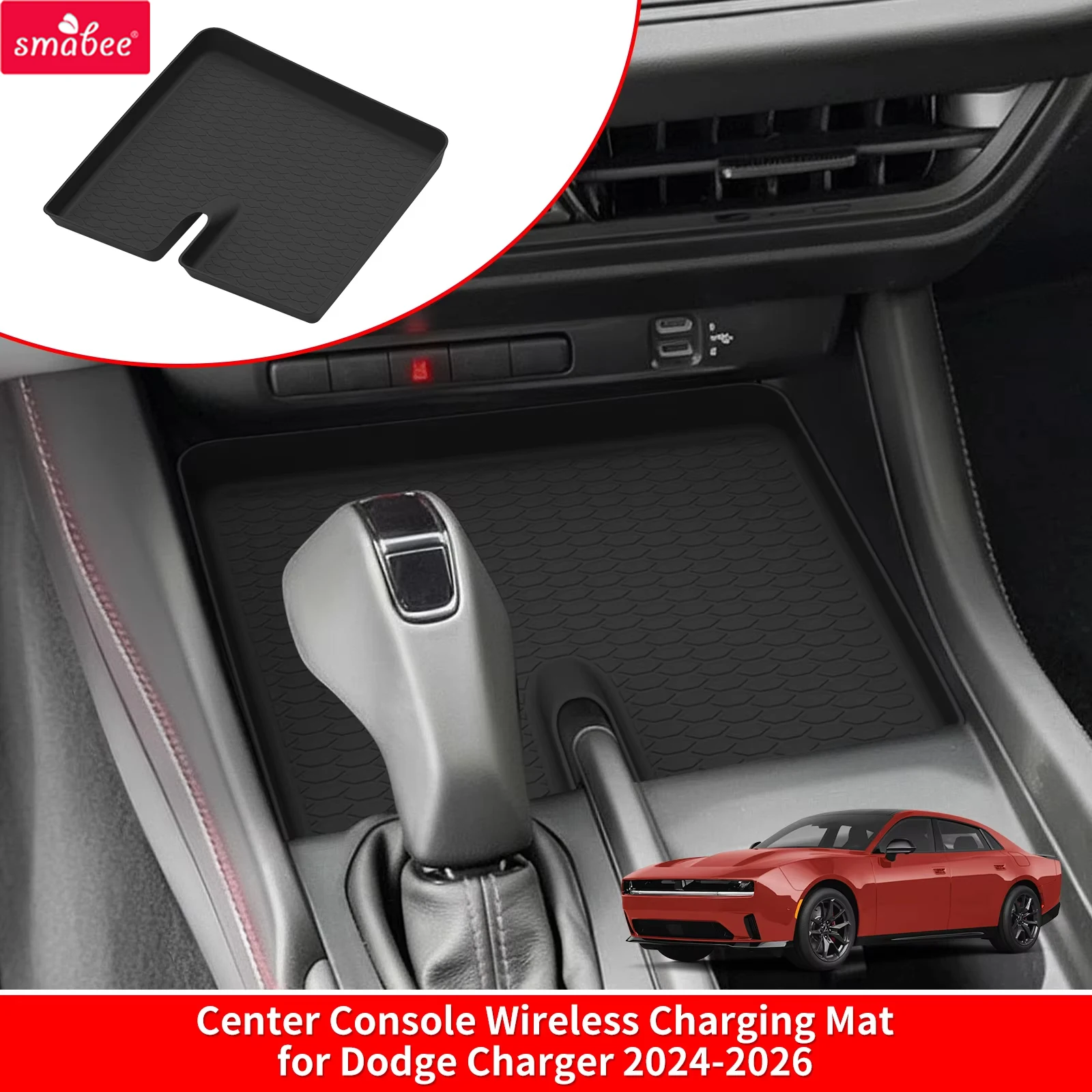 Smabee Left Drive for Dodge Charger 2024-2026 Car Center Wireless Charging Pad Anti-Slip Storage Mat Silicone Accessiories Black