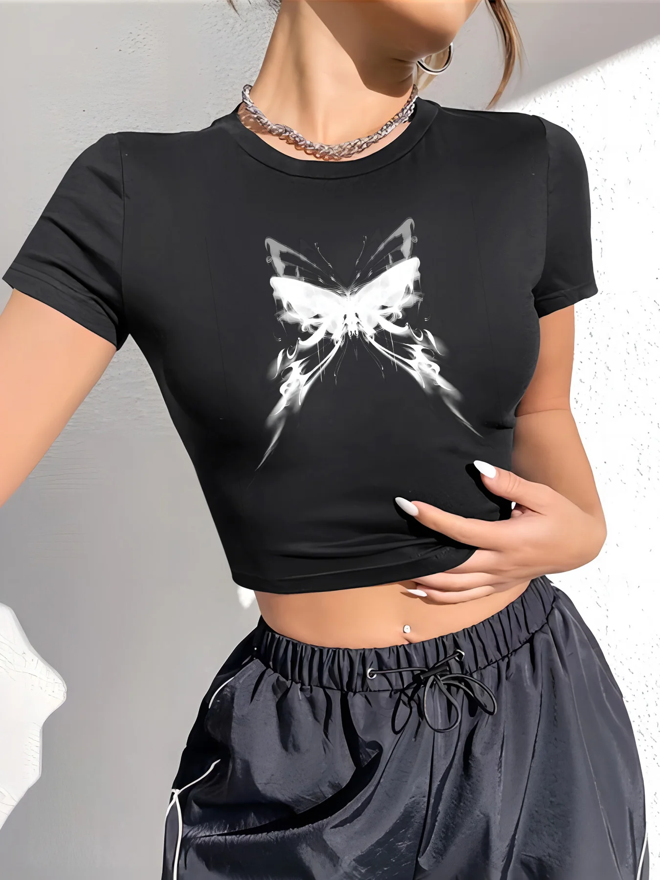 

Butterfly pattern Y2Kj streetwear summer slimming fashion Midriff Baring exposed belly button short T-shirt top