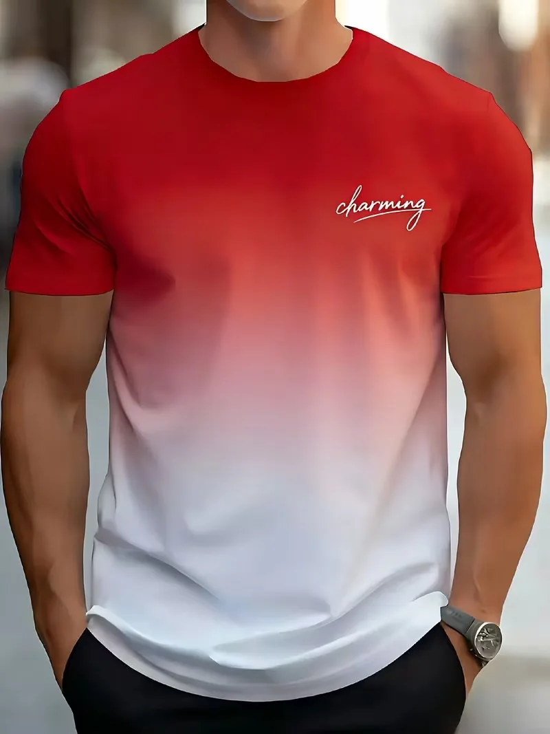 Simple Letter Printed Men's Gradient Short Sleeved T-Shirt Top Fashiona Casual Round Neck Sports And Fitness Daily Men Clothing