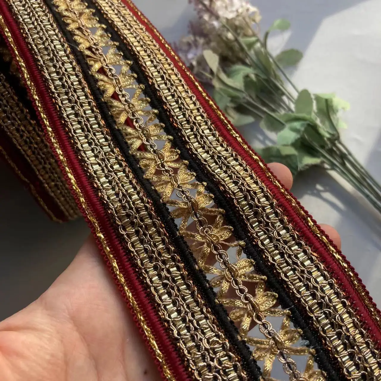 1 Yard Red 7cm Rice Lace Trim Ribbon Ethnic Clothing Gold Thread Embroidery Sequin Fabric Jacquard Webbing Garment Accessories