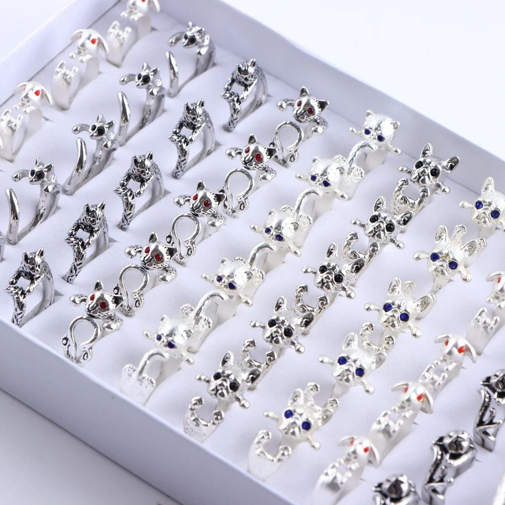 30Pcs/Lot Best Selling Dog Cat Punk Vintage Rings Fashion Couple Animal Adjustable Mystical For Man Women Friends Gift Wholesale