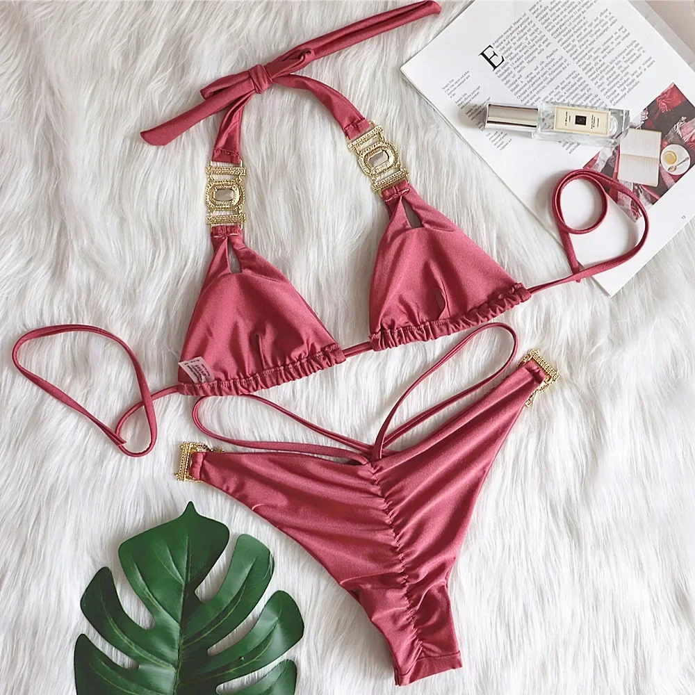 Sexy strass bikini 2025 feminino sólido verde push up glitter diamante 2 peça maiô corrente de metal tanga banho