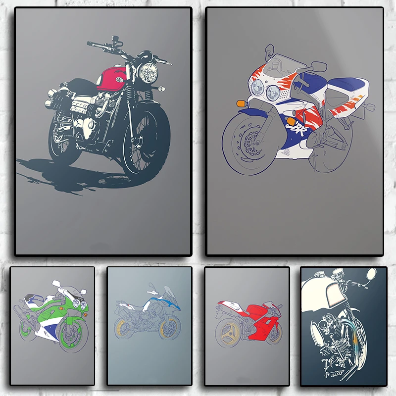 Sketch Colorful Motorcycle Poster Aesthetic Moto Off-road Motorcycle Speed Canvas Print Wall Art Home Racing Garage Room Decor