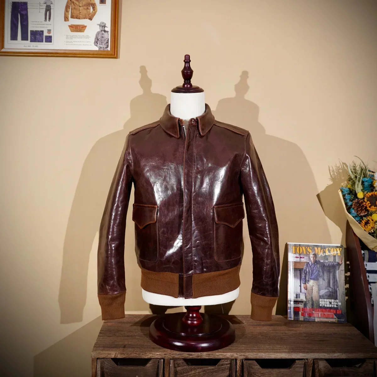 AnnualRing Replica of Buzz Rickson's 23380 Vegetable-Tanned Goatskin A2 Flight Suit Jacket Leather Jacket Men's Short Version