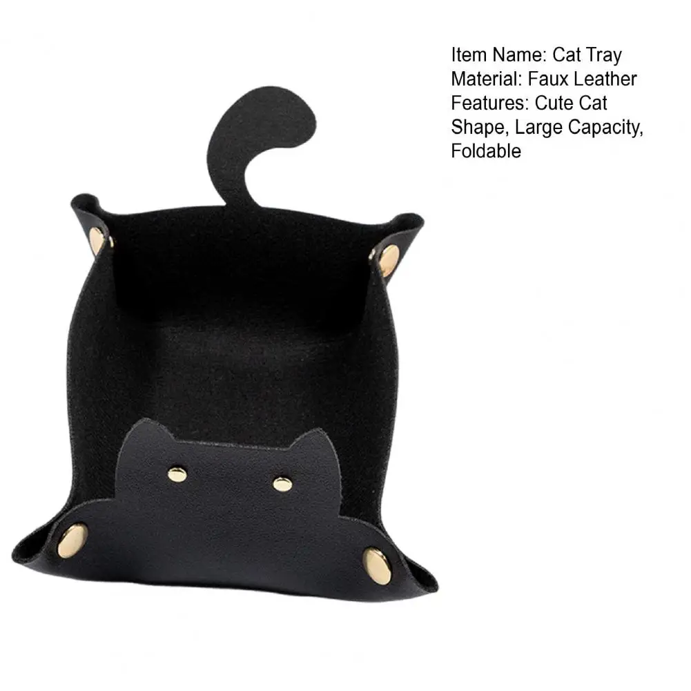 19.5*13cm Cute Cat Shape Tray Faux Leather Storage Basket Foldable Metal Snap Buckle Desktop Coins Keys Tissue Organizer Holder