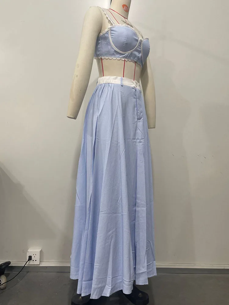 Doyerl Striped 2 Pieces Set for Woman Outfit Birthday Party Lace Patchwork Strap Crop Top and High Waist A-line Long Skirt Sets view 5