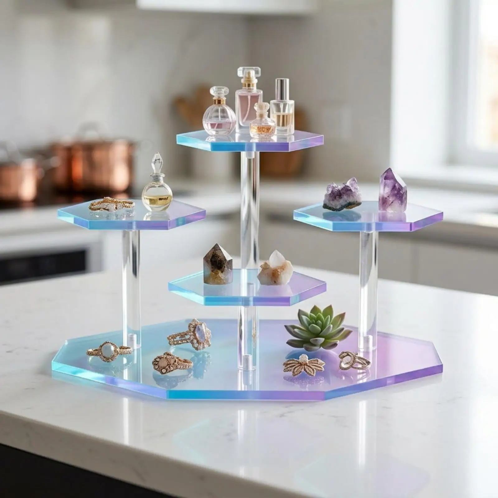 Hexagonal Display Stand Multi-Level Stepped Display Stand Transparent Acrylic Riser with 4 Tiers for Collectors, Hobbyists, Home