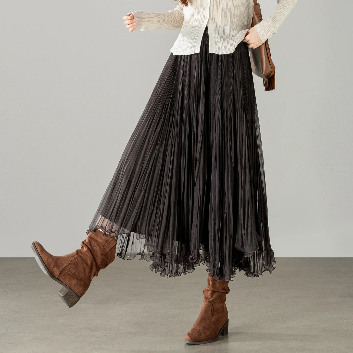SENTUBILA Pleated Skirt for Women 2026 Autumn Ruffled Trim Asymmetrical Double‑Layer Mid‑Length A‑Line Elegant Skirt W63QL8743