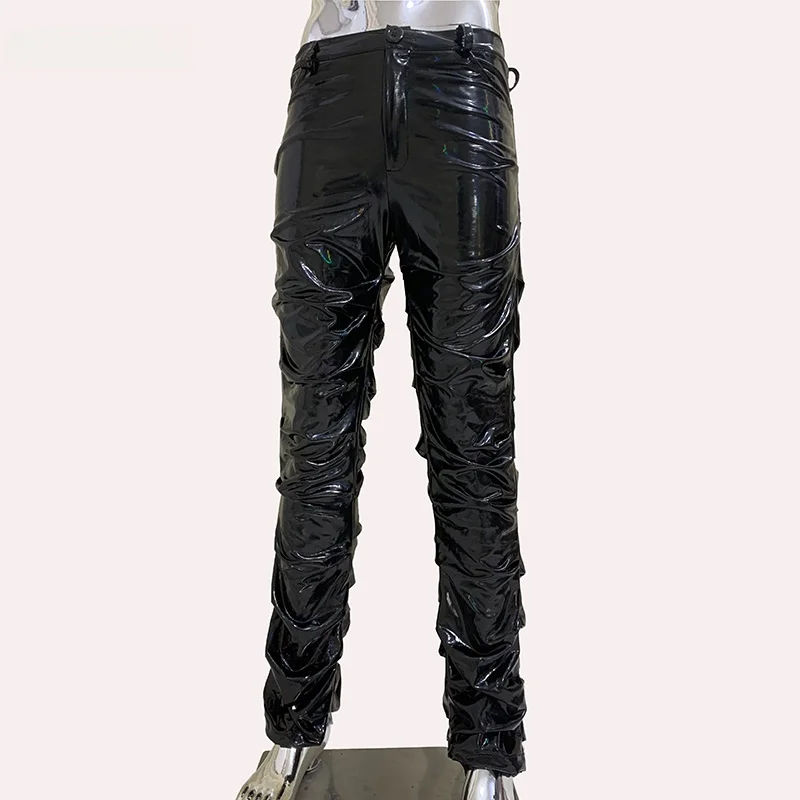 

Nerazzurri Slim Fit Pleated iny Leather Pencil Pants Men's Sexy Dance Club Performance Clothes Long Pants Youth Faion