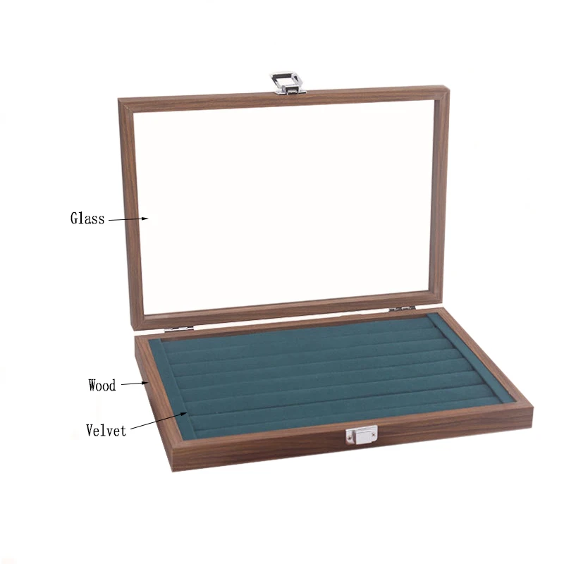 Braune, innere grüne Samt-Schmuckschatulle mit Glasabdeckung, Aufbewahrungsbox für Ringe, Ohrringe, Armbänder, Halsketten, Organizer-Etui – Detail 1
