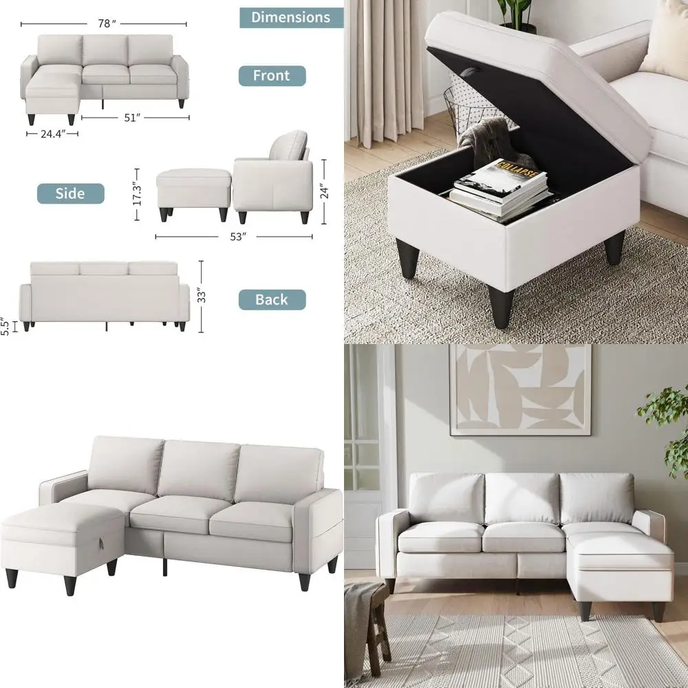 

3-Seat L-Shaped Sectional Sofa with Storage Ottoman, Beige, Suitable for Living Room, Bedroom, or Office, Ideal for Small Spaces