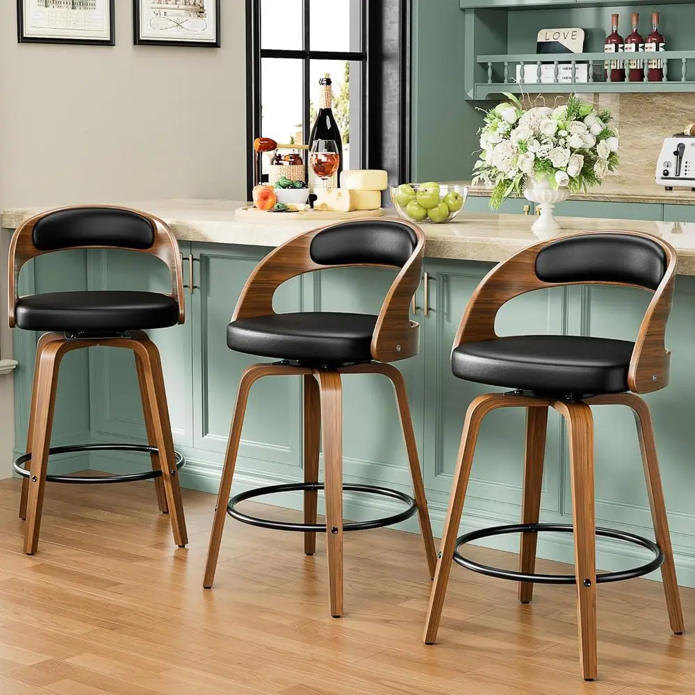 

Set of 3, 26 Swivel Bar Stools with Backrest, Black Century Modern Leather Upholstered Counter Height Chairs