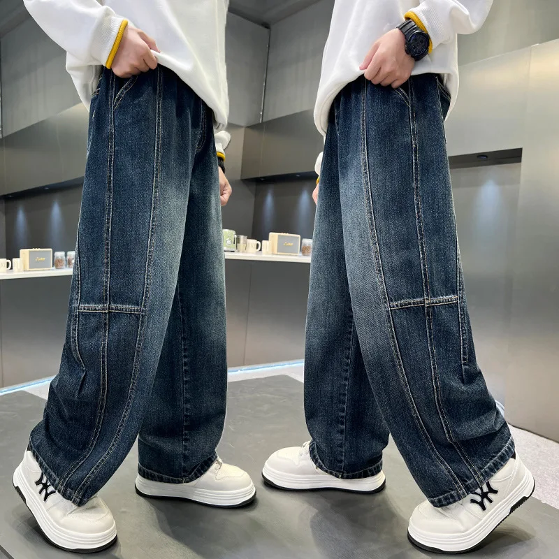 

Teenager Boys Straight Leg Jeans New Spring/Autumn Kids Wide Leg Denim Long Pants for Children Loose Pockets Trousers 5 14 Yrs