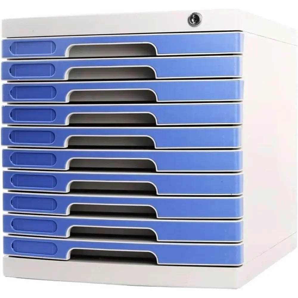 10-Layer Lockable Office Desk Storage Box, Data Filing Cabinet, Blue, 29.5x32.5x39.4cm