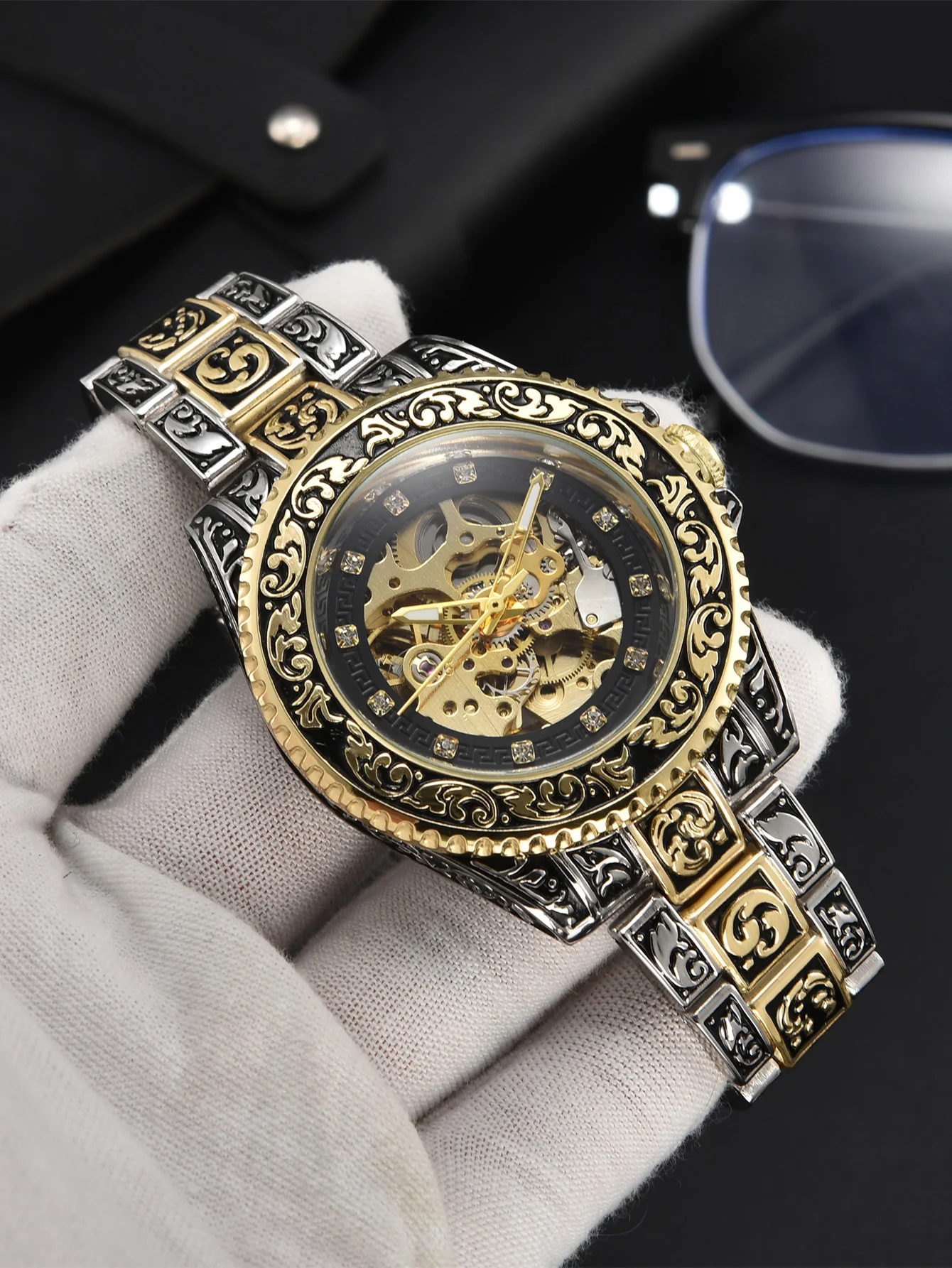 LONGLUX Automatic Watch Retro Luxury Mechanical Watches Alloy Carve Wholesale Waterproof No Logo Mens Watch Men Gift