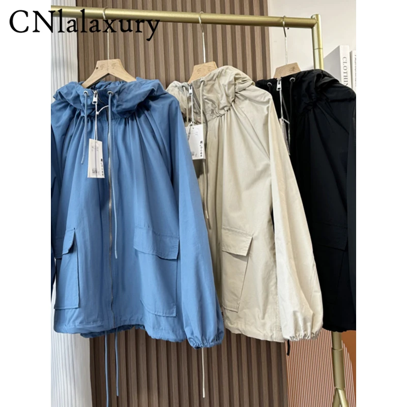 CNlaalxury Casual Zipper Hooded Jacket Tops Women Loose Pocket Long Sleeve Outwear Ladies New Spring Chic Female Drawstring Coat