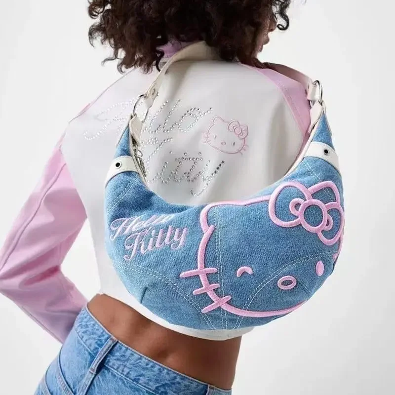 

MINISO Hello Kitty Handbag Women's Cowboy Embroidered Croissant Cute Shoulder Bag New Tote Bag Delicate Fashion Portable Cartoon