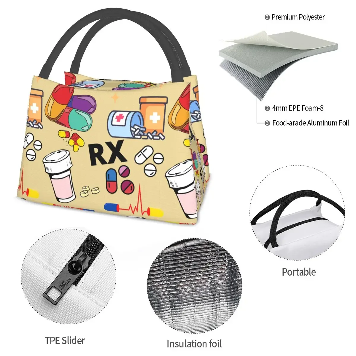 Pharmacy Pattern Pills RX Lunch Bags Insulated Bento Box Waterproof Lunch Tote Picnic Bags Cooler Thermal Bag for Woman Kid Work