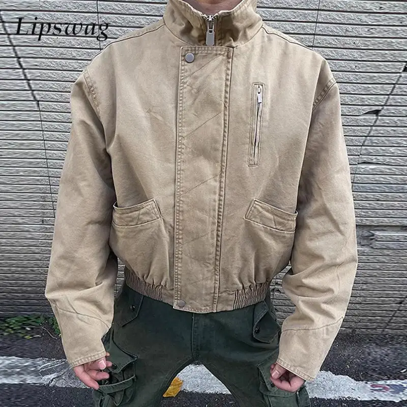 

Модные мужские короткие куртки-пальто 2022, осень-зима, повседневные куртки-карго с воротником-стойкой на молнии, мужская винтажная однотонная верхняя одежда