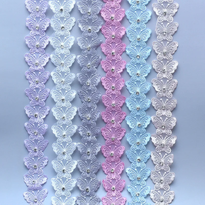 Finiture in pizzo di organza ricamate a farfalla con strass da 4,5 cm - 20 metri/rotolo per toppe per abbigliamento, decorazioni per borse, artigianato fai da te e arte tessile