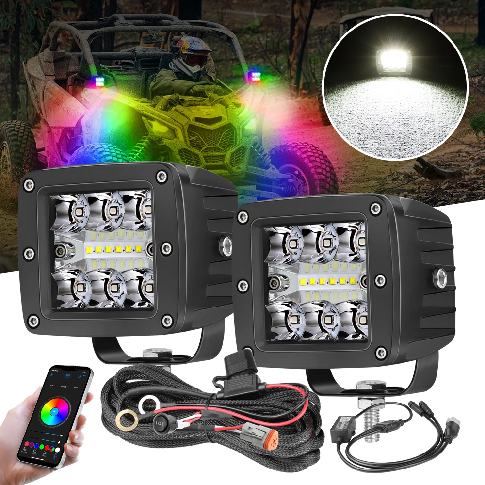 

3" RGB LED Work Light pods Lights w/ RGB Chasing Strobe Halo Multi-Colors APP Flashing Modes Driving Offroad Lighting Wiring Kit