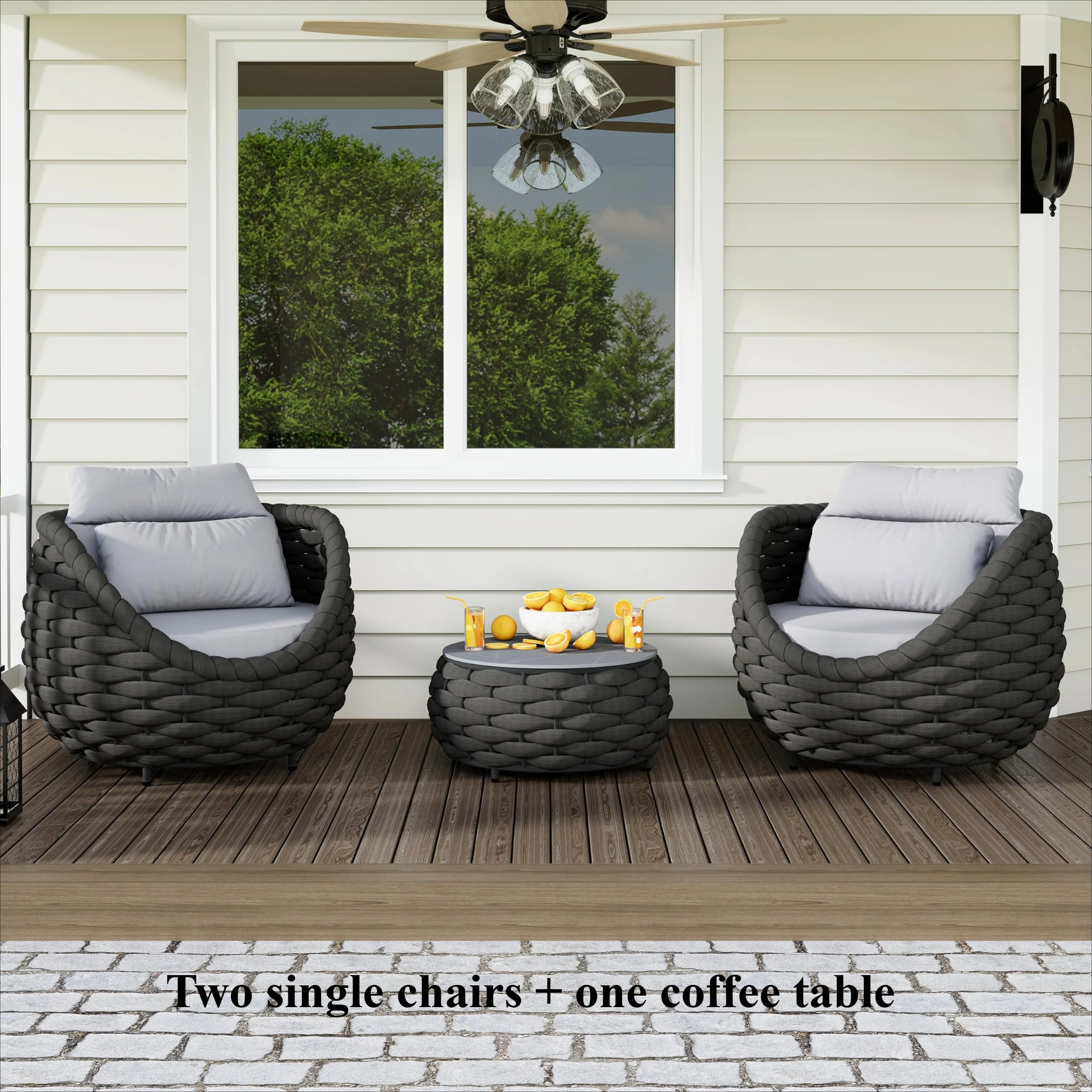 Tuinstoelenset van geweven touw, aluminium tuinmeubilair, 2-delige set met kussens, fauteuil en tafel, geschikt voor balkon, tuin, veranda, zwembadterras