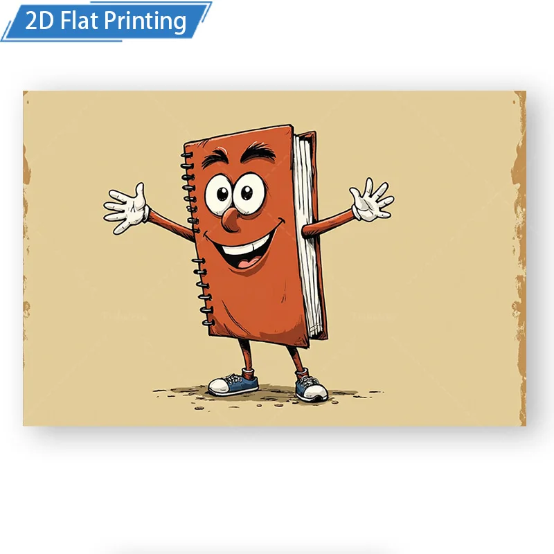 [2D FLAT] 1pc 4x16inch Metal Sign Cartoon Notebook Wall Art 2D Flat Print Decor for Kids Room and Study Space