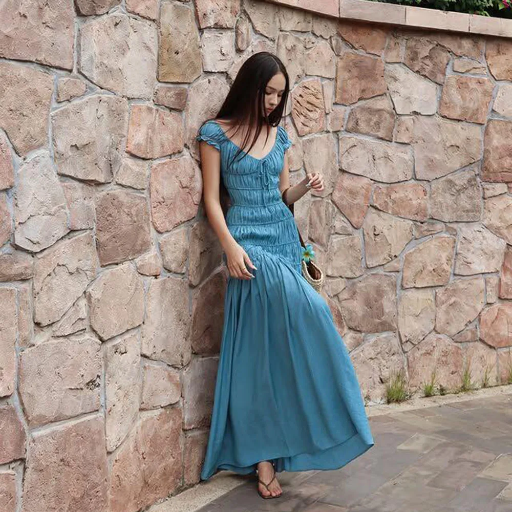 

Pretty Blue Evening Dresses V Neck Short Sleeves A Line Formal Occasion Special High Quality Ankle Length Female Gowns Elegant