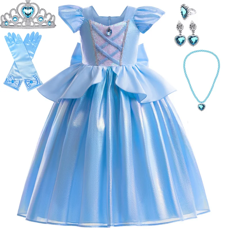 Cinderella Cosplay Costume Princess Dress With Gloves Girls Clothing For Kids Carnival Halloween Birthday Party Evening Outfit