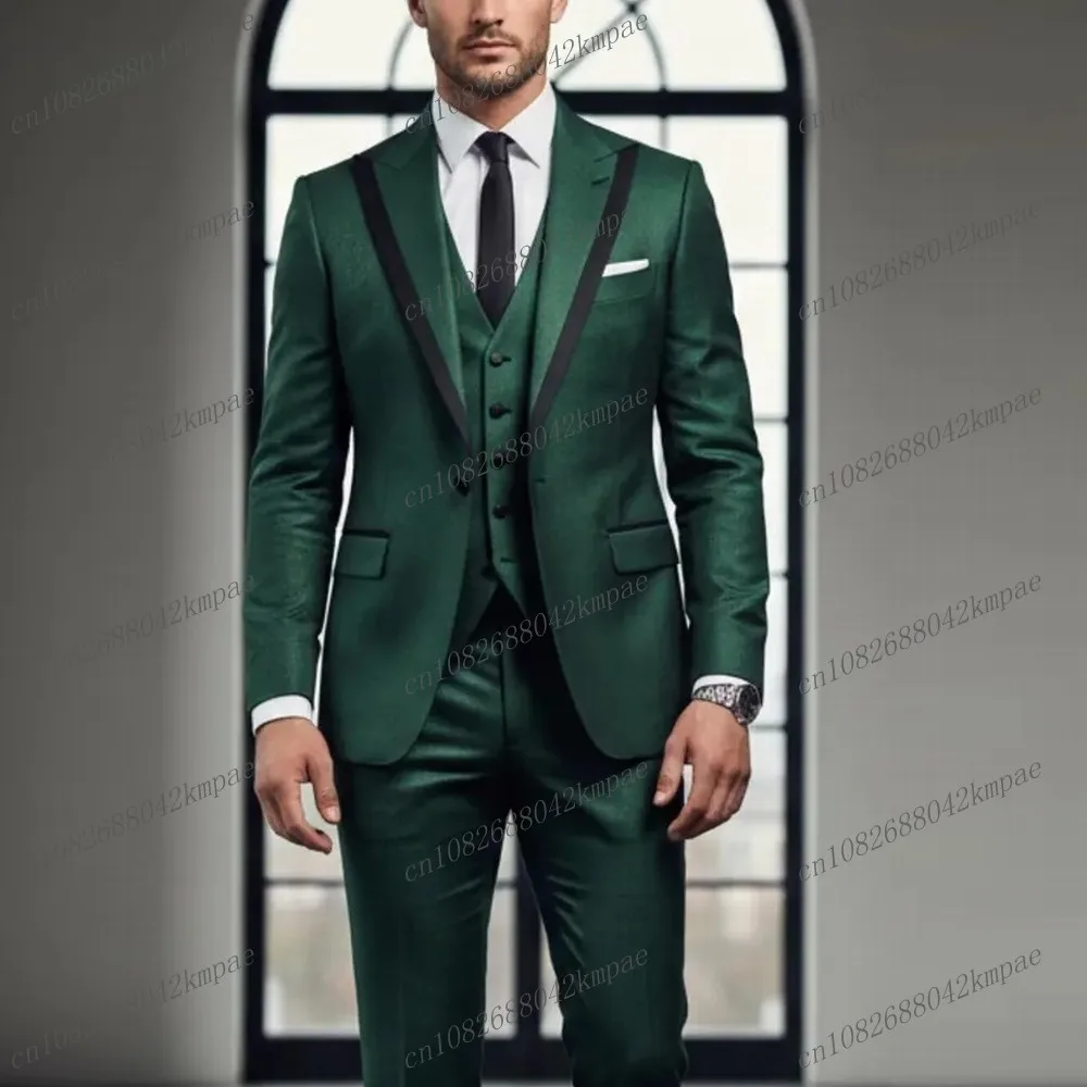 

Black Collar Dark Green Men Suit Formal Groom Groomsman Wedding Party Prom Business Male Tuxedos 3 Piece Set Blazer Vest Pants