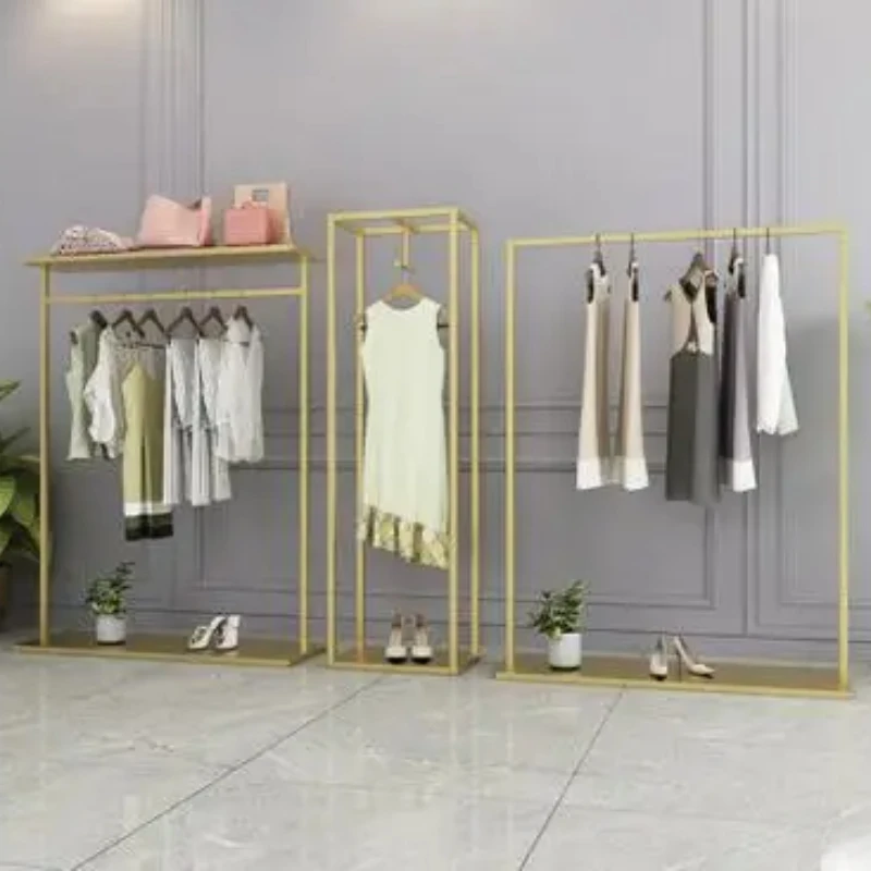 Gold simple clothing rack clothing store display rack floor-to-floor hangers women's clothing store shelves iron clothes rack