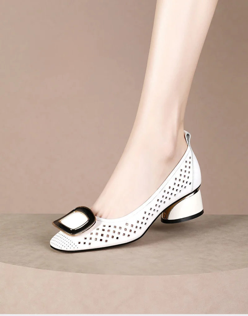 Shoes for Woman 2023 Office Square Toe Women\'s Summer Footwear with Medium Heels Normal Leather Casual White Sandals on Sale A E