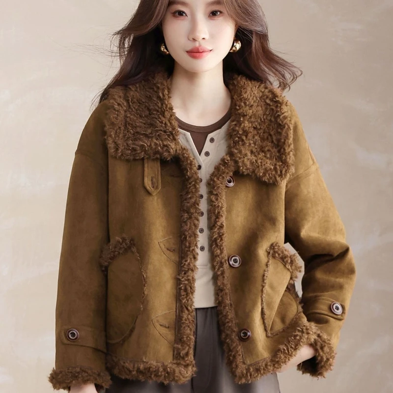 

2025 Winter Fall Women Thick Warm Suede Khaki Coat Jacket , Woman Autumn Female Fashion Coats Jackets