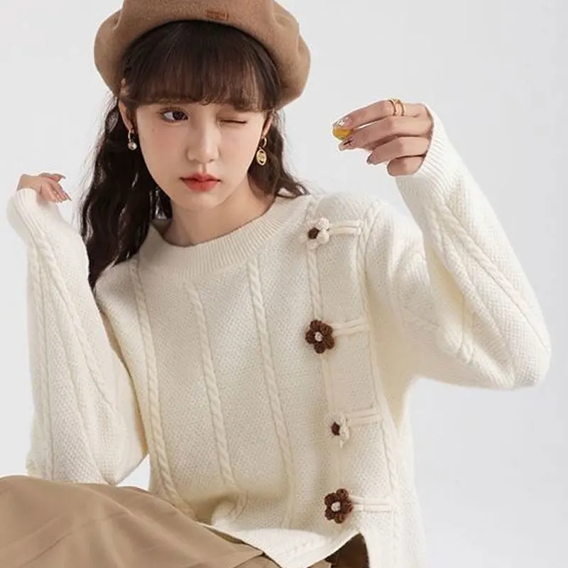 Pullovers Office Lady Simplicity Solid Color O-neck Long Sleeve Patchwork Screw Thread Sweet Sweaters Loose Thick Women Clothing