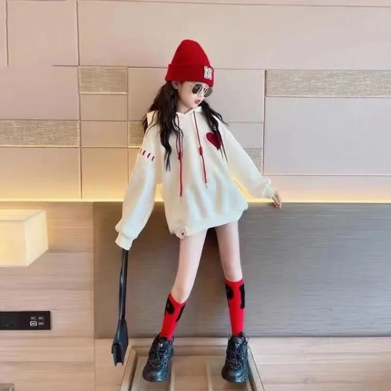 

Girls' Mid-Length Korean Stylish Influencer New Spring/Autumn Hoodie for Mid To Large Kids