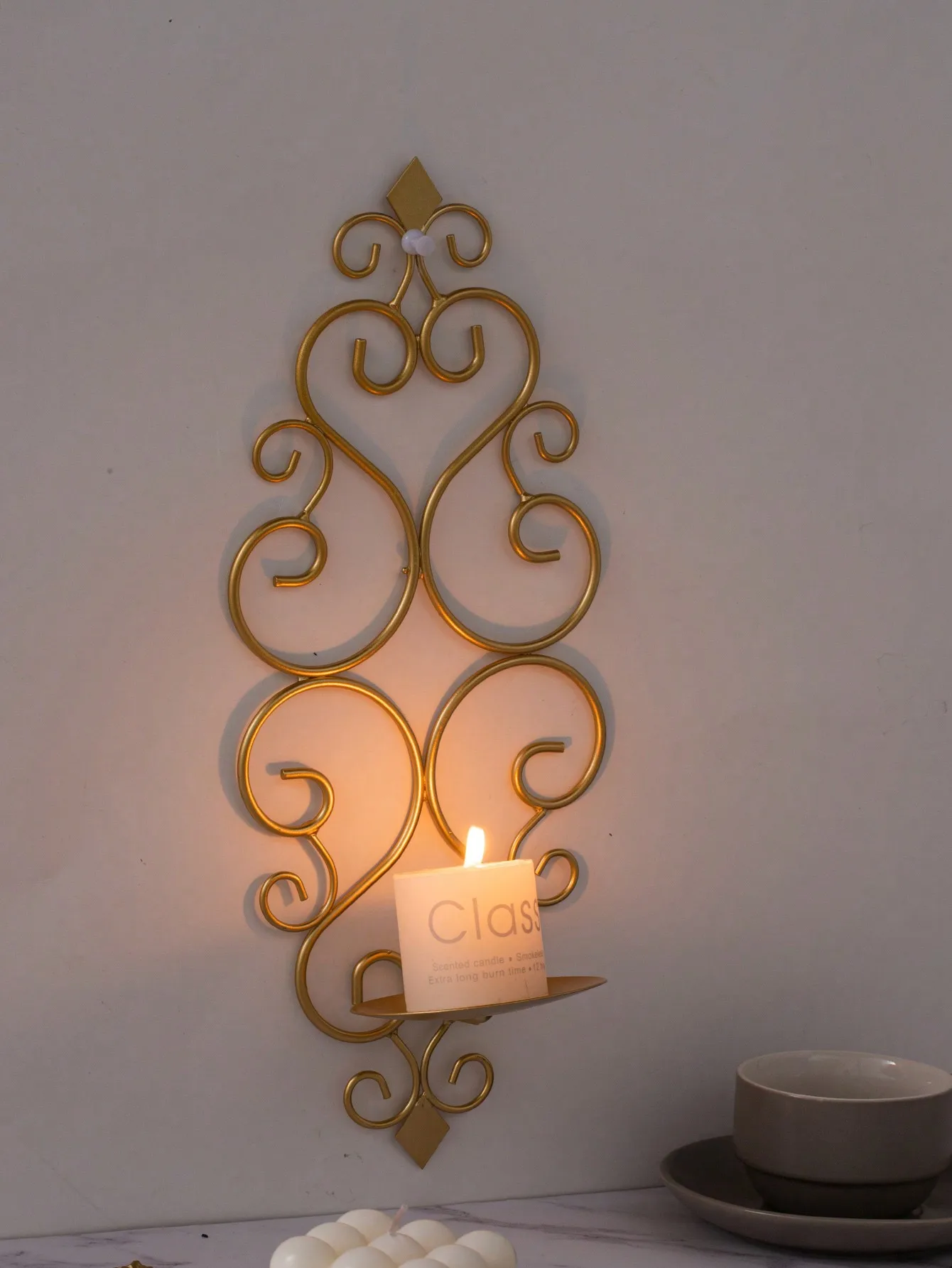 1pc Rustic Gold Wrought Iron Wall Candle Holder: Home/Bar/Spa Decor - Holiday Gift