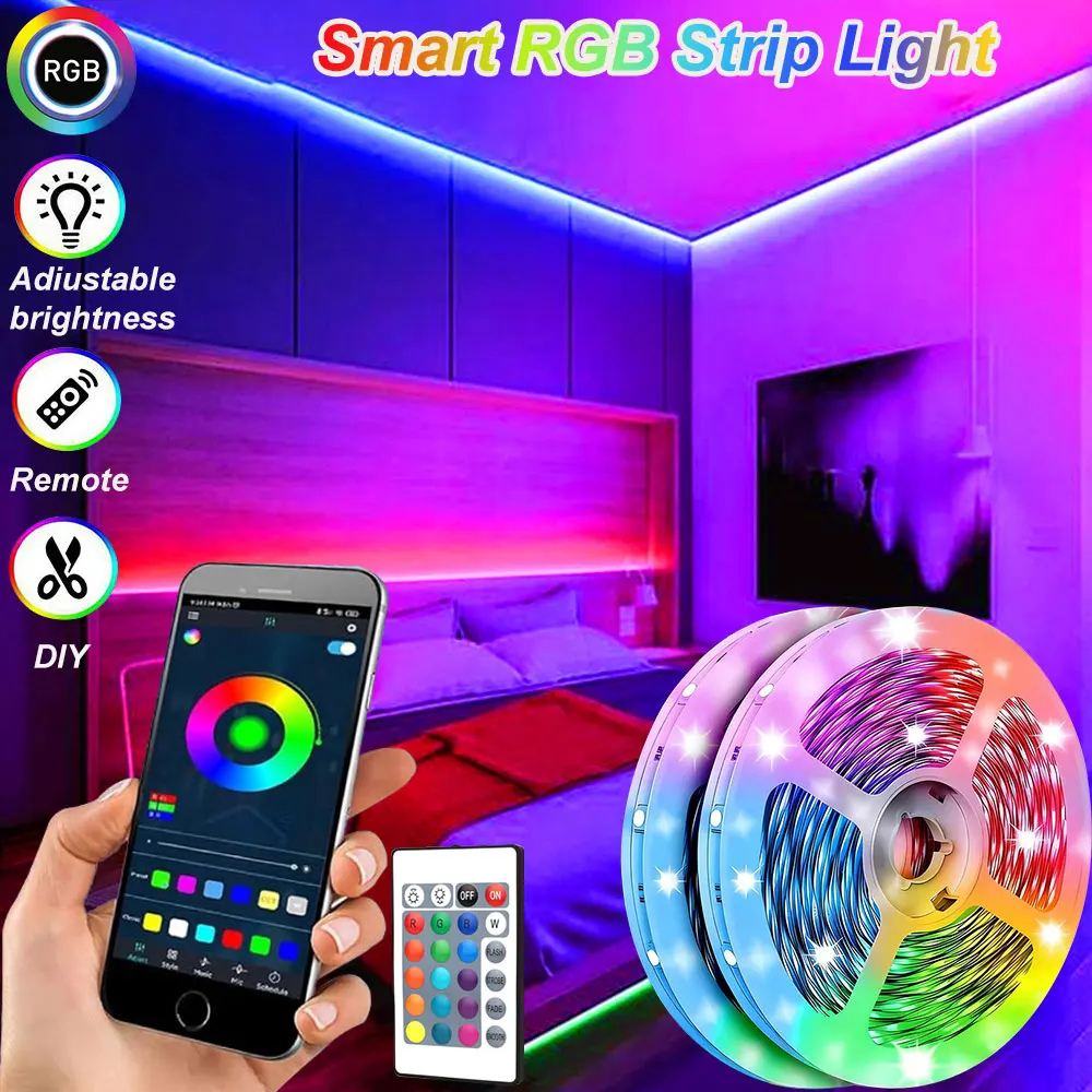 

Светодиодная лента RGB 1-40 м с управлением через приложение и пультом ДУ, 24-кнопочное управление, 5050 цветов, гибкие ленты для спальни и комнаты