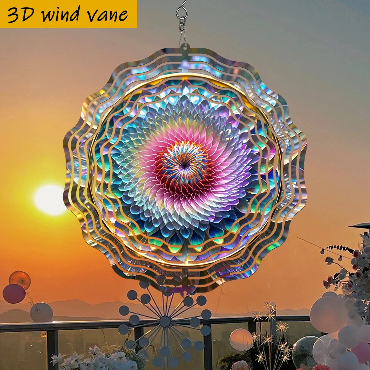 1pc 3D Floral Wind Vane - 10-inch Multicolor Iridescent Petals, 360° Swivel Hook, Iron Metal Wind Chime, Easy Installation