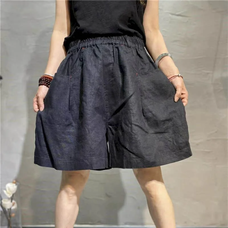 Cotton Linen Shorts Women Summer  Vintage Elastic Waist Wide Leg Pants Casual Loose Oversized Five-point Shorts Women Clothing