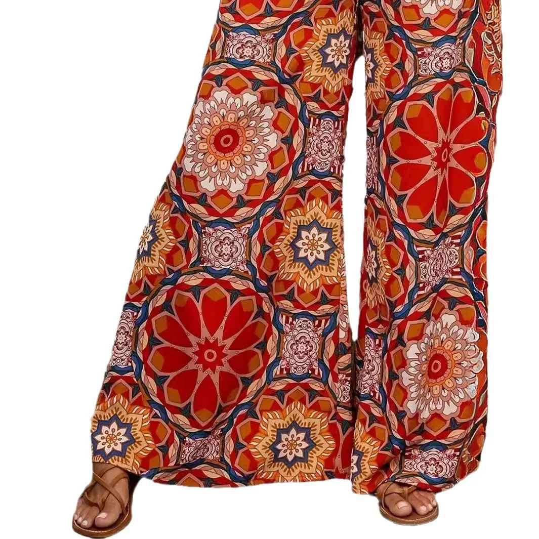 Kadınlar için geniş bacak pantolon 2024 moda çizgili baskı pantalones ilkbahar yaz rahat gevşek bağcıklı traf giyim