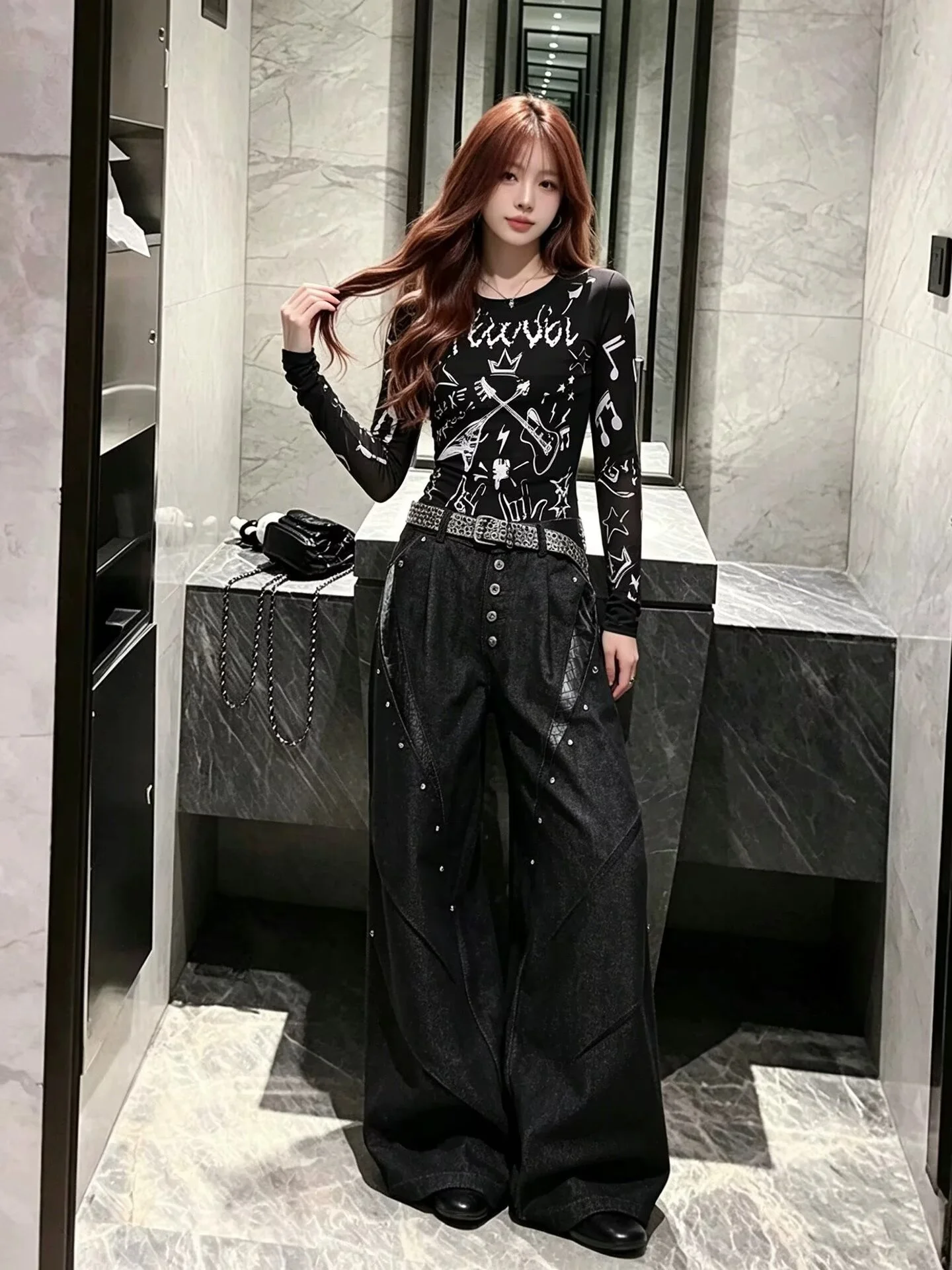 Retro American Snake Skin Print Patchwork Loose Wide Leg Jeans Men Women Deconstructed Rivet Casual Straight Cut Blue Denim