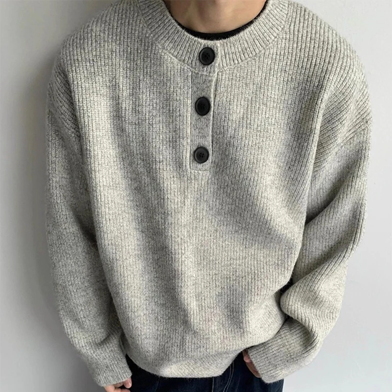

Men's Button Sweater Knitwear Autumn Winter Round Collar Pullover Vintage Solid Color Loose Casual Knit Sweaters Male Streetwear
