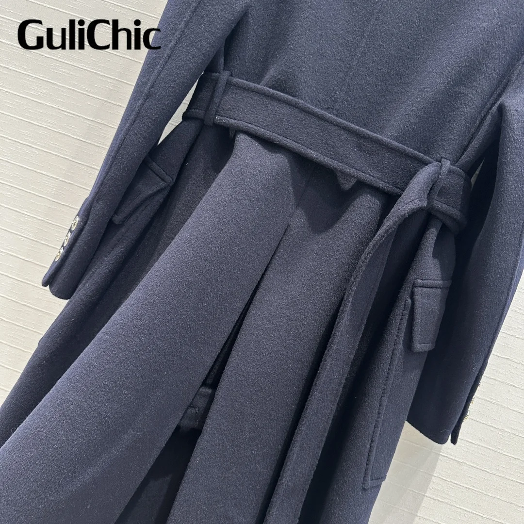 9.4 GuliChic Luxury Fashion Turn-down Collar Double Breasted Long Woolen Coat With Belt Slim Outerwear Women