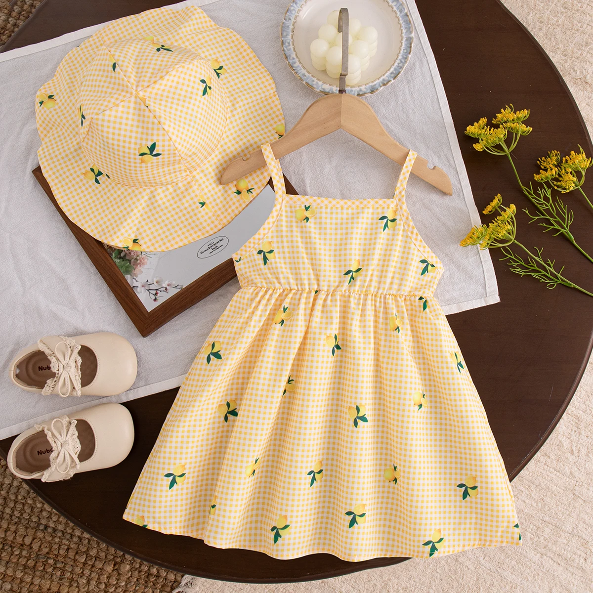Baby Girl Korean Style Dress Lemon Print Yellow Plaid Suspender Dress with Hat Girls Summer Beach Travel Costume