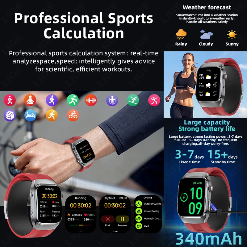 LIGE True Blood Pressure Smart Watch Air Pump Airbag Strap ECG SpO2 Heart Rate Sleep Monitor 2.06