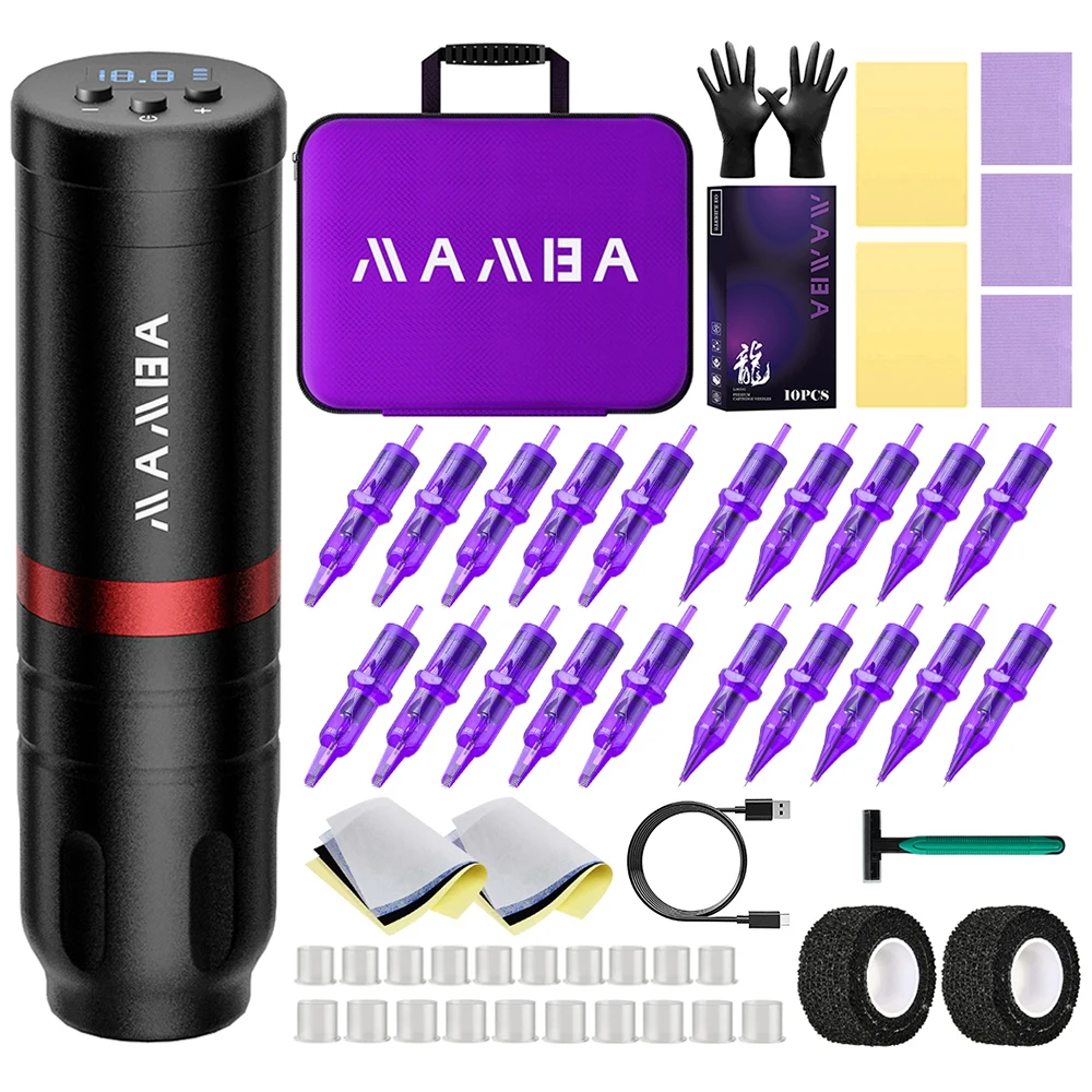 

MAMBA Complete Wireless Tattoo Machine Set Permanent Makeup Machine Power Supply 20pcs Cartridge Needles Body Art Tattoo Pen Kit