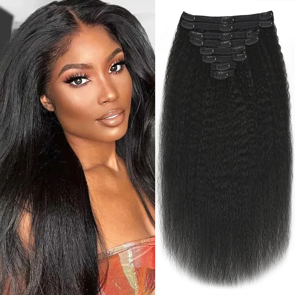 

18 Clips In Hair Extensions Natural Color Kinky straight Brazilian Human Hair 8 Pieces 16-32 Inches for Women Hair Extensions