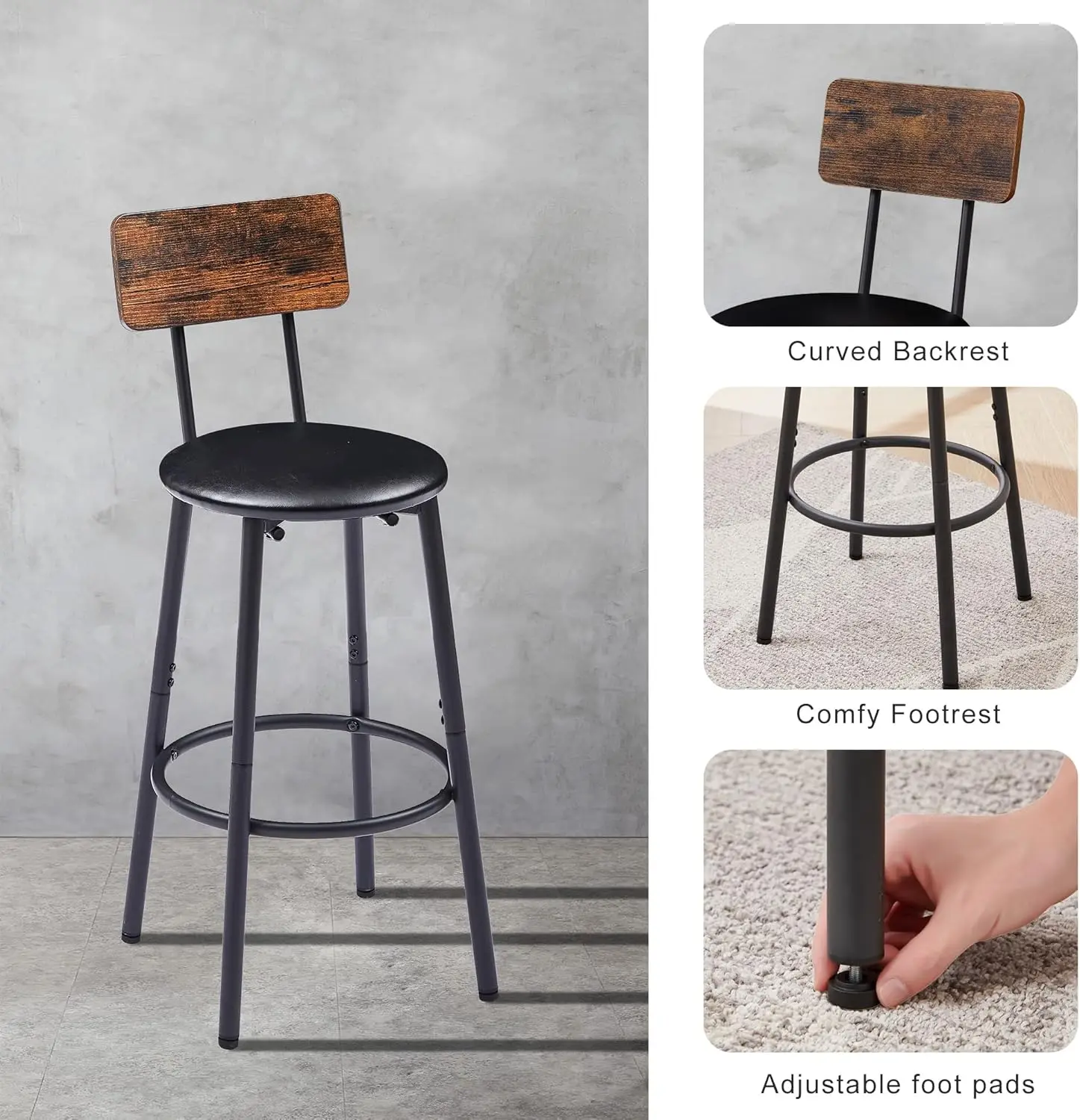 Bar Table And Chair Set For 2, Small Round Bistro Coffe Table & Pu Upholstered Stools With Backrest, High Top Pub Set For